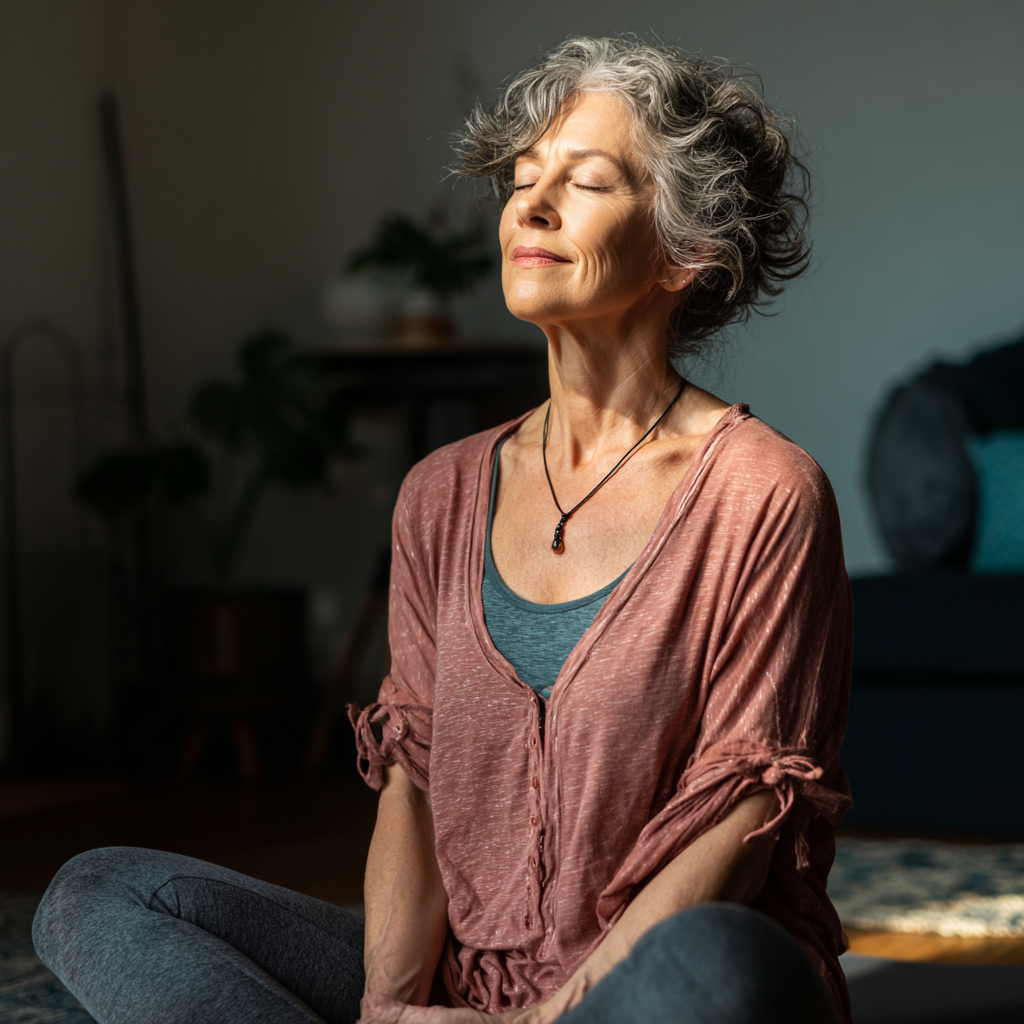 Older adult woman in comfortable yoga pose demonstrating mindful practice indoors